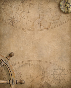 Fototapeta old nautical map with compass and steering wheel