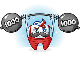 Tooth Retro Body Builder Cartoon Character with a Mustache, Weight Lifting a Barbell