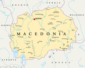 Macedonia political map with capital Skopje, national borders, important cities, rivers and lakes. English labeling and scaling. Illustration.