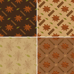 Set of four spicy seamless patterns. Star anise with cardamom, cinnamon sticks and nutmeg.
