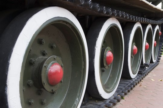 Russian tank caterpillar track with wheels