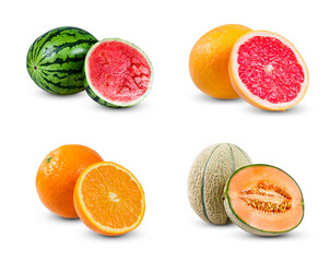 Collection of juicy slices fruit Watermelon, Orange, Melon and Grapefruit,  rich with vitamins. isolated on white background
