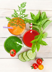 Fresh vegetable smoothie. Tomato, cucumber, carrot