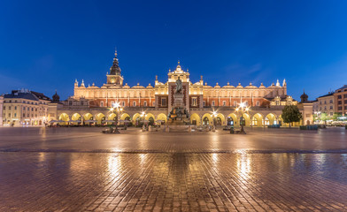 The Main Market Square in Krakow, Poland, with famous Sukiennice (Cloth hall) and Town Hall tower in blue hour