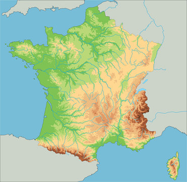 High detailed France physical map.