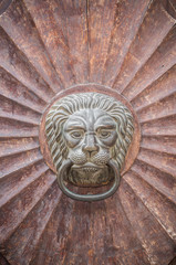 lion shaped knocker on the old wooden door