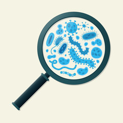 Blue germs and magnifying glass - Vector illustration
