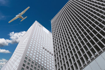 Fototapeta na wymiar skyscrapers and airplanes on sky.