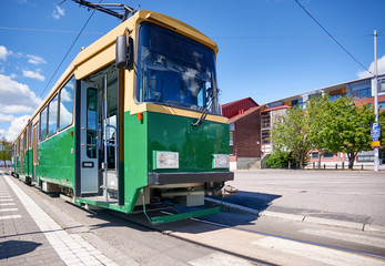 Fototapeta na wymiar Tram in Helsinki on a summer day