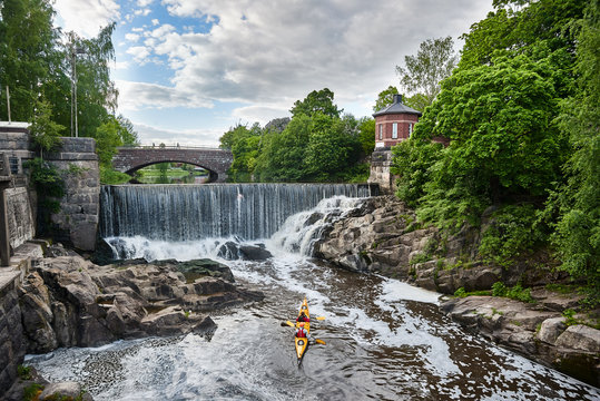 Kayak On Waterfall In Vanhankaupunginkoski, Helsinki, Finland
