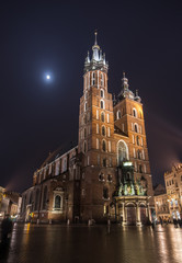 Krakow, Poland, St Mary's church on the Main Market Square in the night