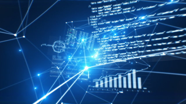 Business Network in Cyber Space Perfect Flight Seamless. Blue Graphs and Text. Looped 3d Animation. HD 1080.