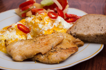 delicious and nourishing dinner. Vegetable salad, fish and eggs