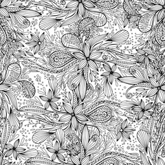 Vector seamless black doodles pattern, floral ethnic ornament, fashion pattern for fabric
