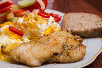 delicious and nourishing dinner. Vegetable salad, fish and eggs