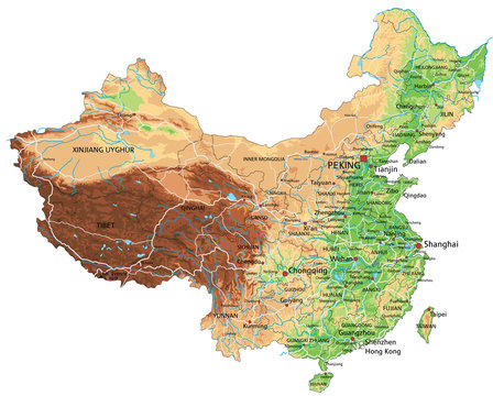 High detailed China physical map with labeling.