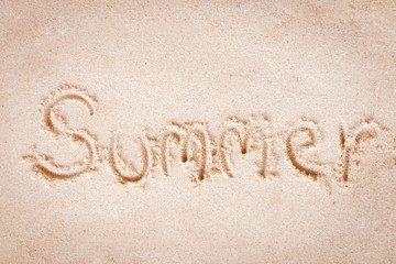 Summer text write on sand at the beach, Summer concept.