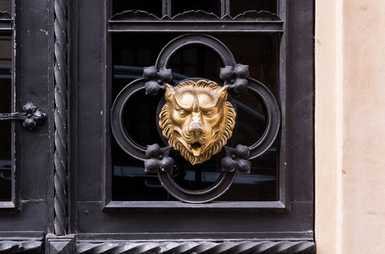 Old steel and glass door decorated with golden wolf head