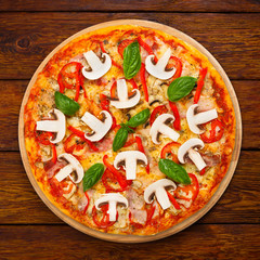 Delicious pizza with mushrooms and bacon