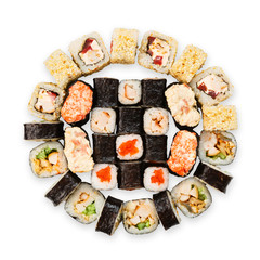 Set of sushi, maki, gunkan and rolls isolated at white