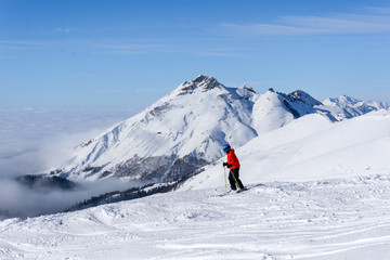 Naklejka na ściany i meble skier on top of mountain above the clouds