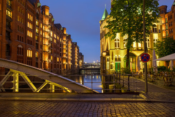 Part of the Speicherstadt in Hamburg at night