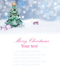 Fototapeta premium Christmas background with baubles,snow and snowflakes, free space for text. Christmas decoration. 