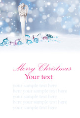 Christmas background with baubles,snow and snowflakes, free space for text. Christmas decoration. 