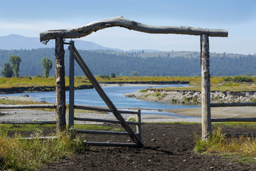 Fototapeta na wymiar Ranch entry gate in pasture, bank of Buffalo Fork River, Wyoming