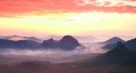 Red misty  landscape panorama in mountains. Fantastic dreamy sunrise on rocky mountains.  Foggy misty valley below