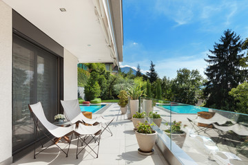 beautiful terrace  with pool - obrazy, fototapety, plakaty