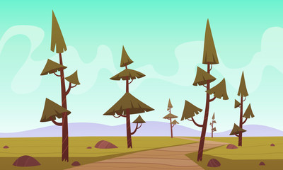 Mountain cartoon landscape with pines and country road.