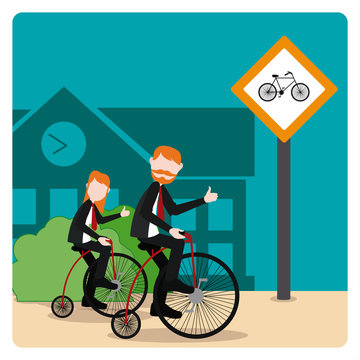 people on bicycle illustration over color background