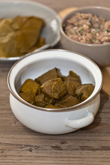 Raw Stuffed Grape Leaves. Dolma. Azerbaijan, Turkish and Greek Cuisine. Selective focus.