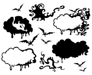 Set of Halloweendesign elements: frames, flying bats, ghosts.