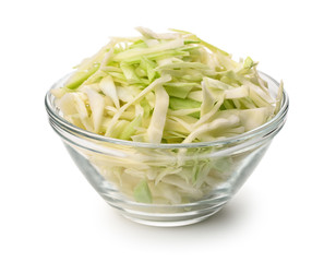Glass bowl of fresh shredded cabbage