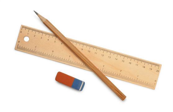 Ruler, pencil and eraser