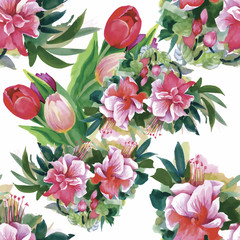 Watercolor illustration of Tulips flowers, seamless pattern