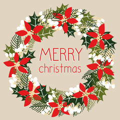 Merry christmas greeting card with wreath. Vector design.