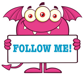 Obraz premium Pink Monster Cartoon Character Holding A Follow Me Sign