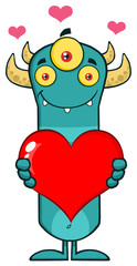 Horned Blue Monster Cartoon Character Holding A Love Heart