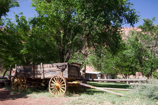 Wooden wagon in Lonely Dell Ranch National Historic District at Lee's Ferry in Arizona