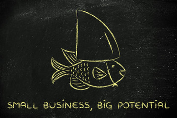 small fish wearing a fake shark fin, concept of having big poten