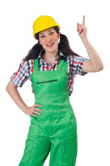 Female workman in green overalls isolated on white