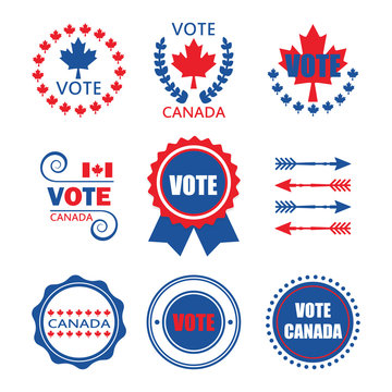Red and blue Vote Canada emblems and design elements set