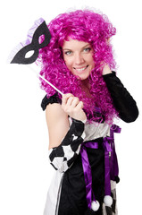 Fototapeta premium Pretty girl in jester costume isolated on white