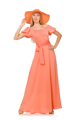 Young woman in pink romantic dress isolated on white