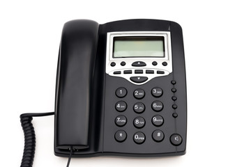 front view black telephone on a white background