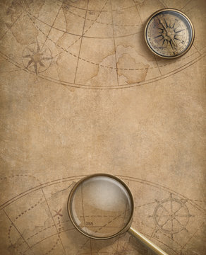 Fototapeta old nautical map with compass and loupe