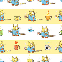 Vector seamless pattern with cartoon cats in pajamas and cups on a striped  background.